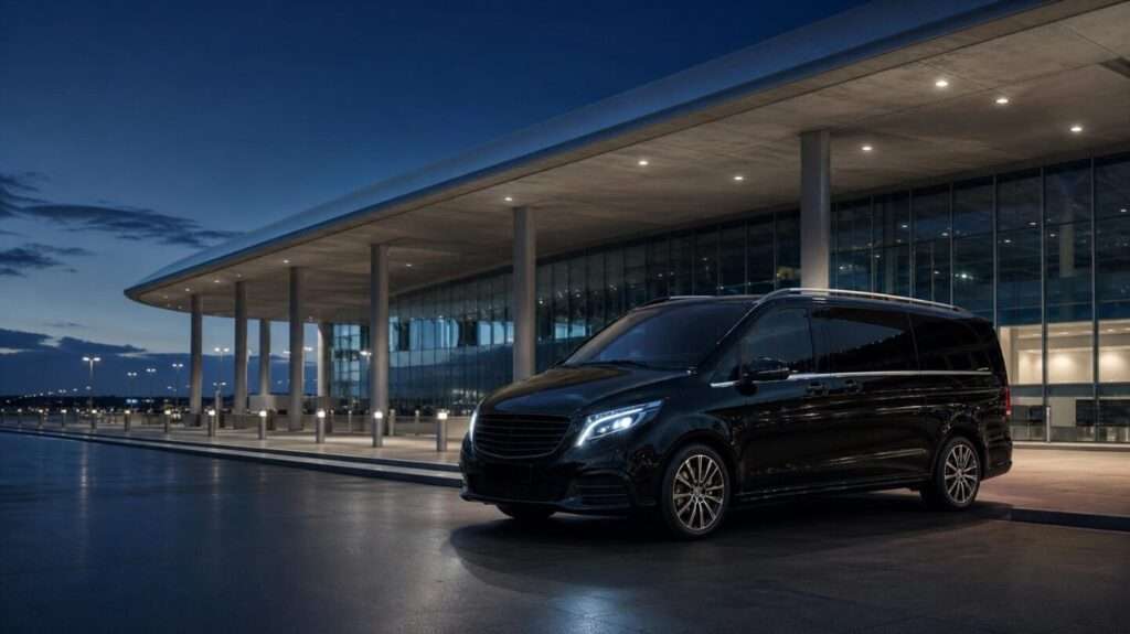 Van privada de pasajeros frente a una terminal de aeropuerto